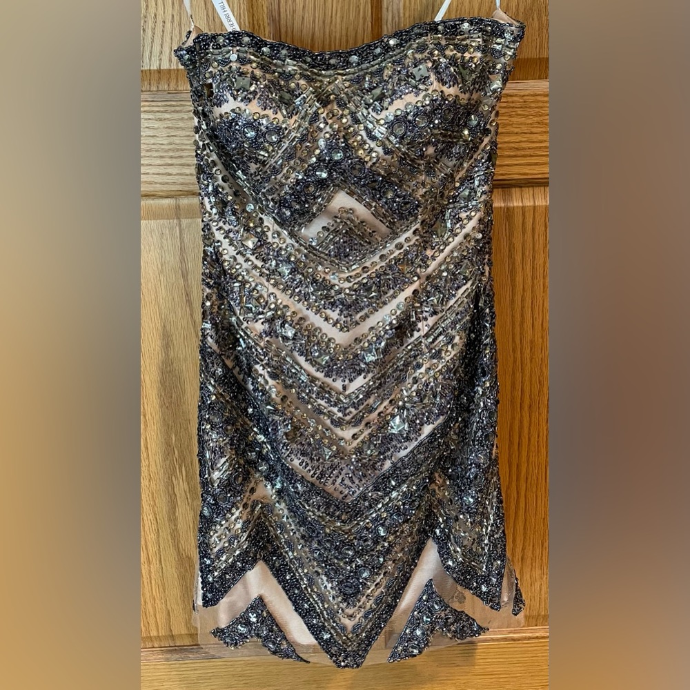 Sherri Hill, size 2, gun metal gray/nude